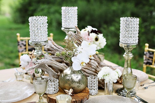 Rustic orchid, drift wood and crystal wedding centerpiece - Safari Styled Shoot Wedding Inspiration Photos by Kay English Photography 